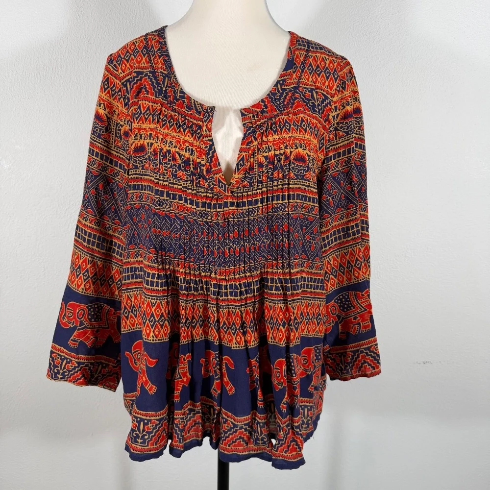 Anthropologie Vanessa Virginia Elephant Tribal Pintuck‎ Boho Peasant Top Size 12